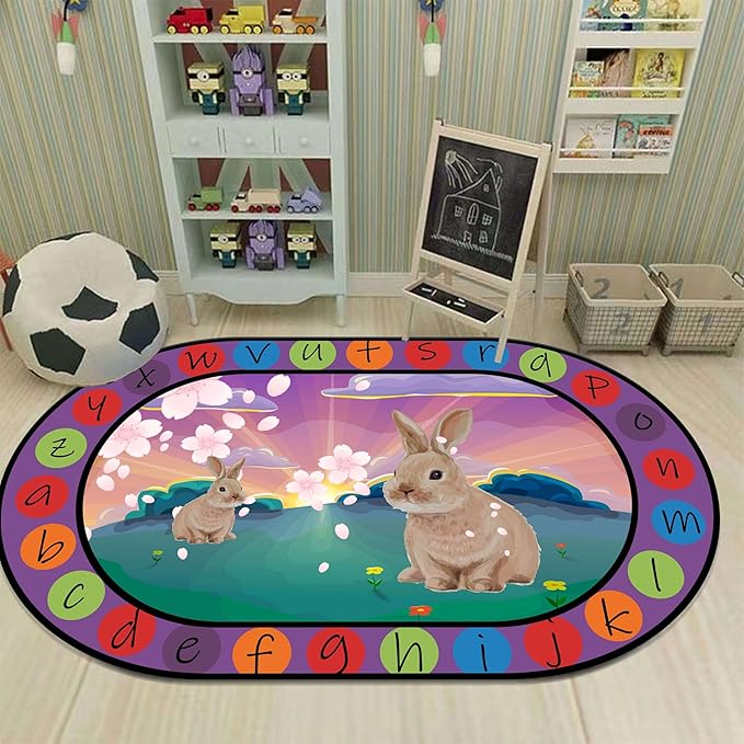 Rabbit Print Area Rug, 4x6ft, Bunny Sakura Flower Easter Floor Mat, Educational and Fun Rugs with ABC Alphabet, Non-Slip Washable Kids Play Mat for Boys and Girls Home Decor
