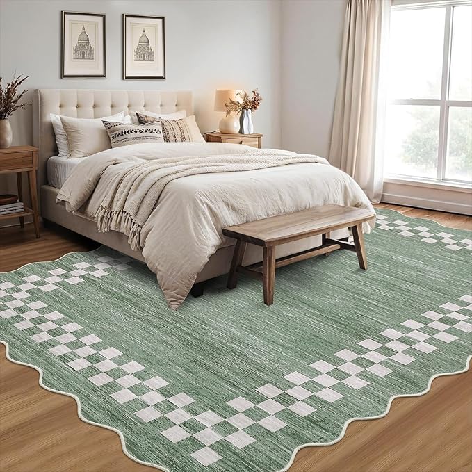 GarveeHome Scalloped Washable Rug 9x12 Area Rug for Living Room Modern Border Large Bedroom Throw Carpet with Rubber Backing Stain Resistant Boho Rug for Dining Room Home Decor Office, Green