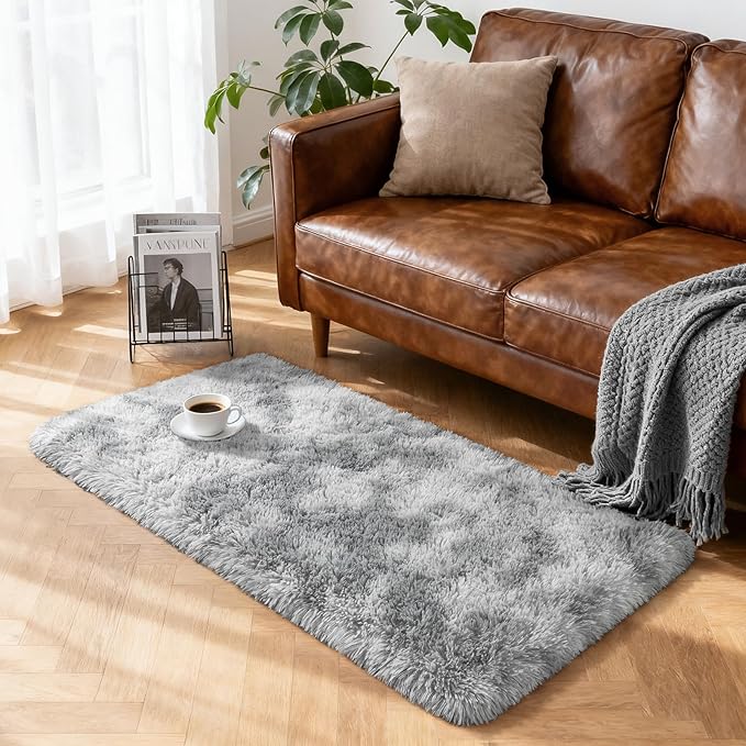 Merelax Soft Area Rugs for Livingroom Bedroom, Shaggy Plush Fuzzy Fluffy Carpet Furry Fur Rug,Modern Indoor Comfy Nursery Kids Dorm Home Decor Floor Mat, 2 x 4 ft, Tie-Dyed Light Grey