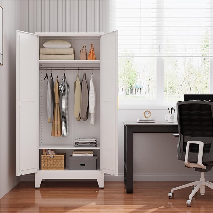 Metal armoire Wardrobe Closet with Hanging Rod,71'' Metal Wardrobe Cabinet with 2 Doors and 2 Adjustable Shelves, Bedroom armoires,Laundry Room cabinets,armario de ropa Closet(Classic, White)