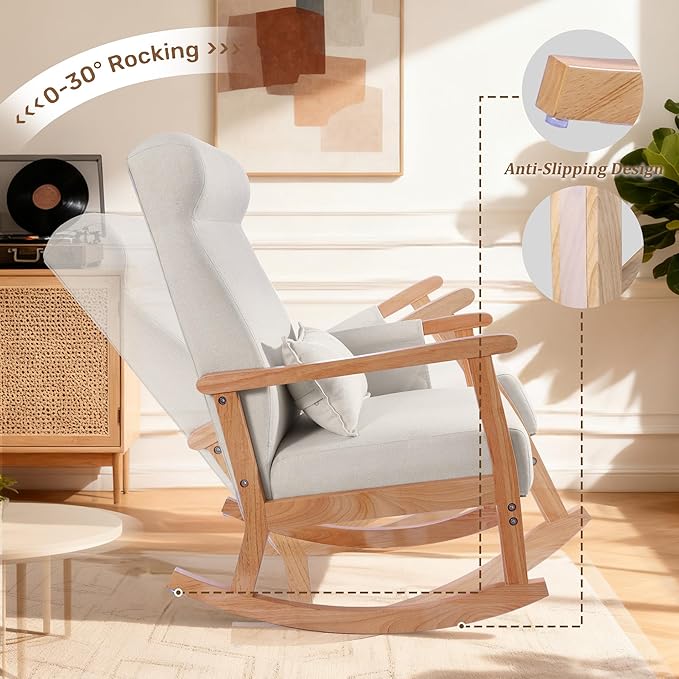 NOBLEMOOD Rocking Chair with Ottoman, Upholstered Nursing Glider Rocker with Side Pocket & Pillow, Comfy High Back Reading Chair with Solid Wood Legs for Nursery/Living Room/Bedroom