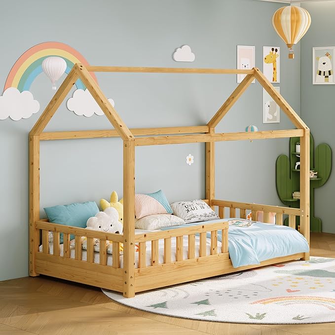 Jocisland Twin Size House Bed for Kids, Montessori Wooden Floor Bed Frame with Guardrails, Removable Rails, Playhouse Roof, Easy Assembly, Toddler Floor Bed for Boys & Girls, Natural Wood