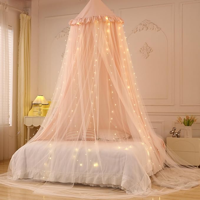 Eimilaly Princess Bed Canopy for Girls, Double Layer Canopy with 250pcs Warm White Curtain Lights, Fits Twin/Full Bed - Fairy Bed Tent for Kids Room Decor,Pink