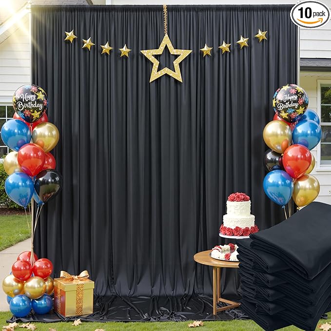 50x12 ft Black Backdrop Curtain, 10 Panels 5x12 ft Long Wrinkle Free Silky Polyester Fabric Wedding Backdrop Drapes Black Photo Back Drop Curtains for Parties Photography Background Cloth
