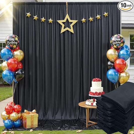 50x12 ft Black Backdrop Curtain, 10 Panels 5x12 ft Long Wrinkle Free Silky Polyester Fabric Wedding Backdrop Drapes Black Photo Back Drop Curtains for Parties Photography Background Cloth