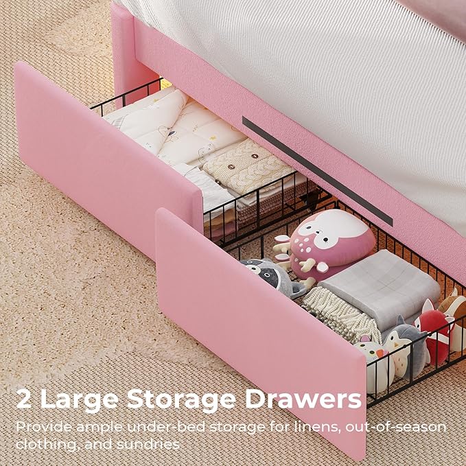MSmask Full LED Bed Frame with Storage Headboard & 2 Storage Drawers, Princess Upholstered Bed with Charging Station & Crystal Button & Crown, Velvet Platform Bed for Girls, Curved Legs, Pink