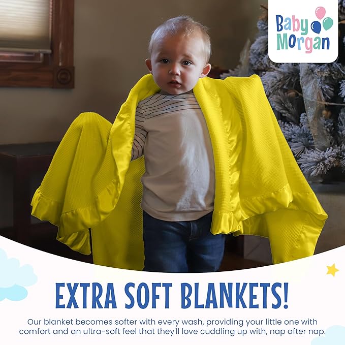 Blankets Thermal Waffle Baby Blanket Crib Bedding - Soft Cozy Warm Infant Thermal Cover for Nursery Stroller or Bassinet, Lightweight Ideal Shower Gift, Satin Trim Yellow 36" x 50"