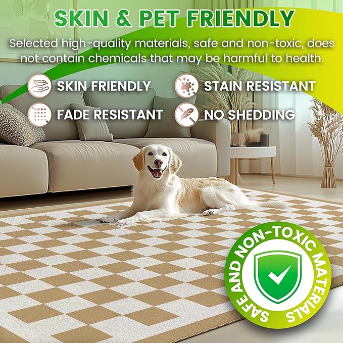 Washable 8x10 Checkered Area Rug for Living Room, Tan Brown Checkerboard Modern Boho Large Rugs, Ultra Thin Low Pile Lightweight Indoor Carpet with Non-Slip Backing for Bedroom Kids Nursery Play Room