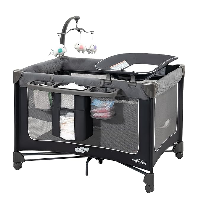 Pamo Babe 1-Second Setup Pack and Play for Babies - Portable Crib with Zip Door & Changing Table