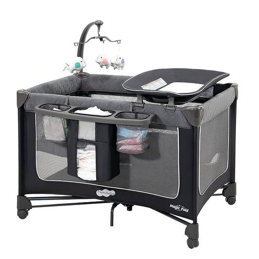 Pamo Babe 1-Second Setup Pack and Play for Babies - Portable Crib with Zip Door & Changing Table