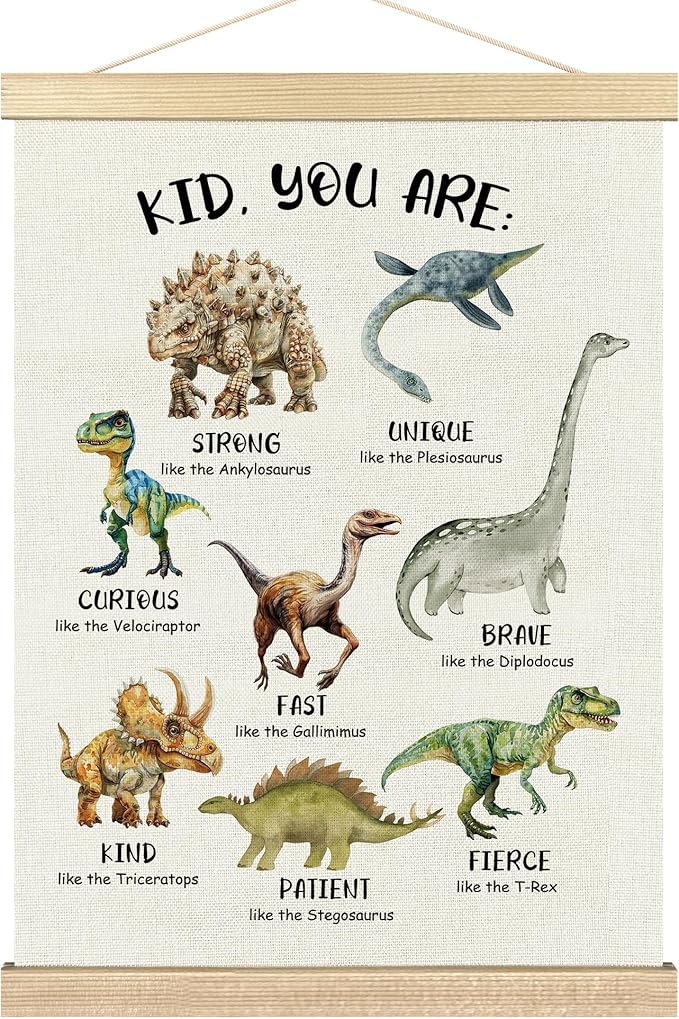 BCUANGD Dinosaur Dino Wall Decor - Inspirational Baby Toddler Boys Room Wall Art Poster Hanger with Wood Frames, Kids Mental Health Wall Hanging Canvas Decor for Home Kids Room Bedroom, 12x16 Inches
