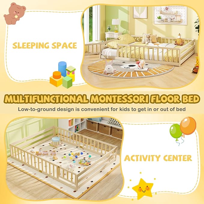 Giantex Queen Floor Bed with Door & Fence, Kids Wood Montessori Beds with Safety Guardrails, Floor Bed Twin for Kids, Boys, Girls, No Box Spring Needed, Natural