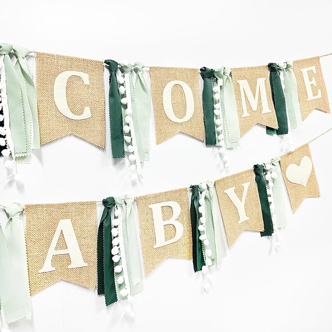 Welcome Baby Heart Burlap Pennant Banner Flag Felt Welcome Baby Sign and Heart Pattern with Sage Green Ribbon for Gender Reveal Neutral Baby Shower Welcome Baby Hello Baby Party Decorations Supplies