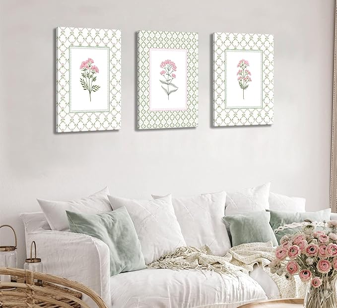 3Pcs Pink Green Floral Canvas Wall Art Wildflower Baby Room Painting Picture Wall Decor Pastel Botanical Poster Print Artwork for Bedroom Living Room Girls Bedroom Nursery Dining Room Home Decoration