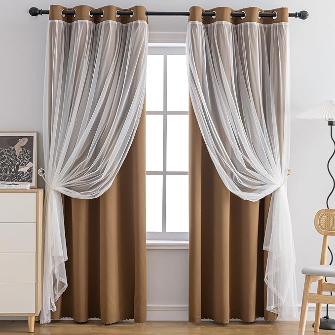Anytime Home Curtains Blackout and Sheer Layered Solid Window Curtain Panel Pair with Grommet Top, 52Wx63L,Coffee