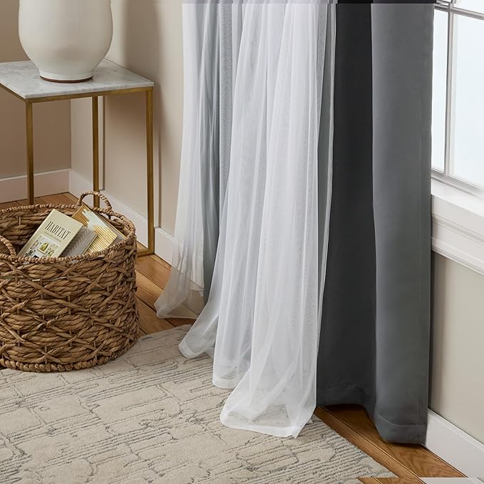 TOWN & COUNTRY LUXE Talia Double Layer Indoor Curtains, Sheer and Room Darkening Blackout, Grommet Top, Energy Efficient, 2-Pack Set, 52"x96", Black Pearl