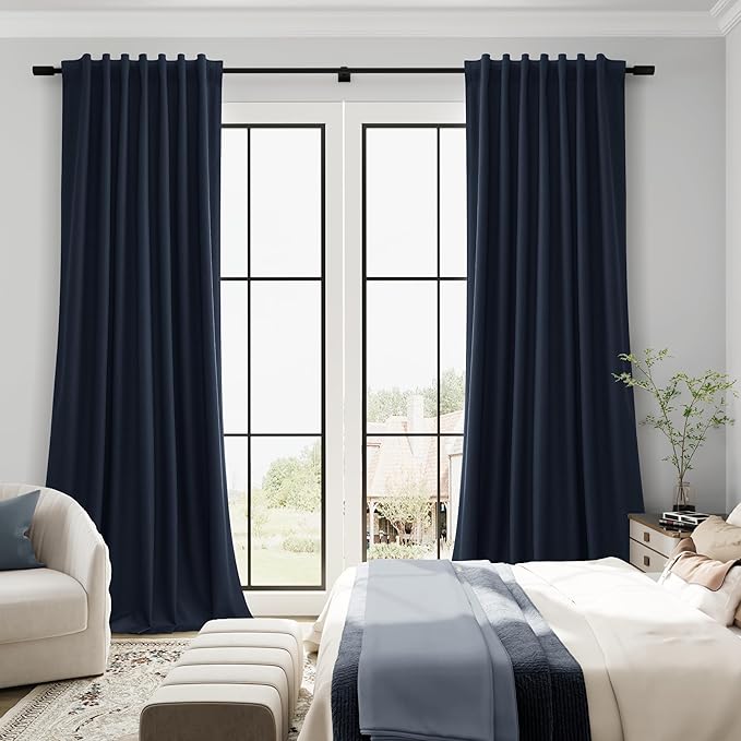 Guken Navy Blue Linen 100% Room Darkening Curtains for Bedroom 108 Inches Long Textured Back Tab Hook Belt Blackout Thermal Insulated Soundproof Living Room Dark Blue 2 Panel Sets 52x108