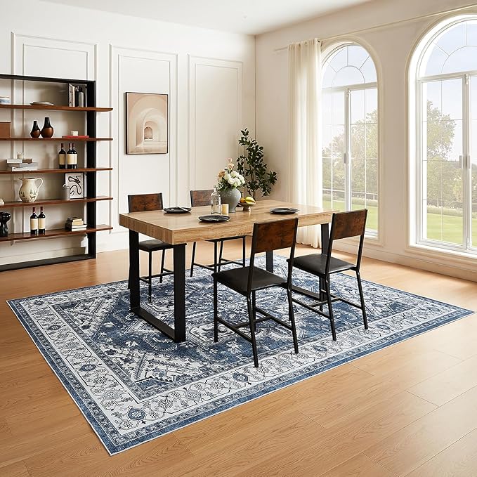 WITSHOCK Living Room Area Rugs 8x10: Washable Rug Boho Soft Non-Slip Low Pile Stain Resistant Foldable Carpet for Bedroom Playroom Dining Room Office Kitchen Farmhouse Home Decor Rug-Blue