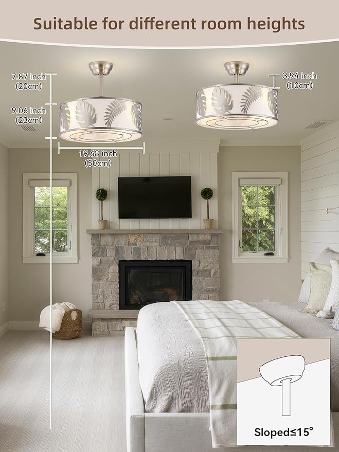 20" Silver Caged Ceiling Fans with Lights, Silver Fandelier Ceiling Fan with Light Remote Control, Bladeless Caged with 6 Speeds for Bedroom, Nursery, Living Room