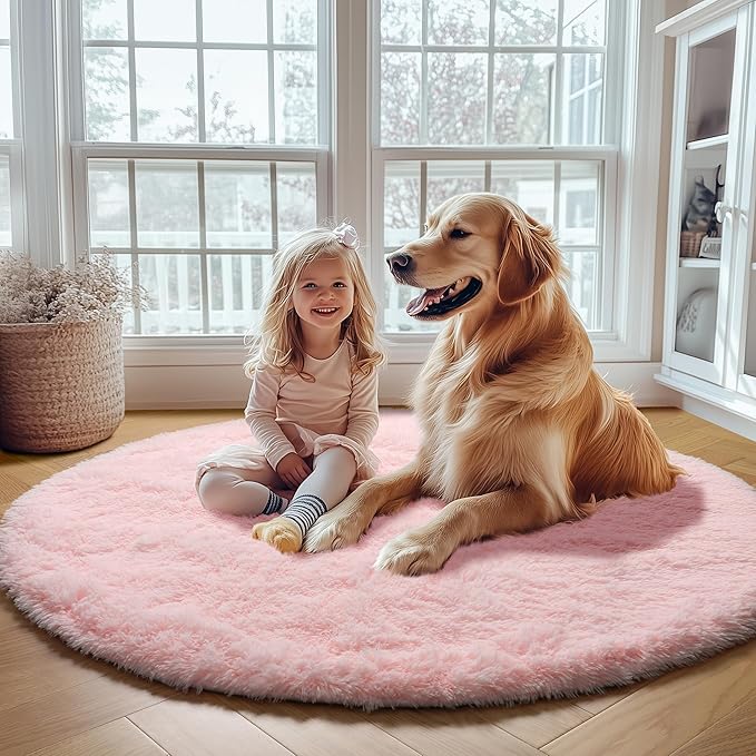 ONASAR Light Pink Round Area Rugs 3ft for Bedroom Living Room, Fluffy Cat Dog Bed Mat, Washable Circle Rug for Kids Girls Boys Teen, Soft Plush Shaggy Carpet for Nursery Dorm Home Decor Aesthetic