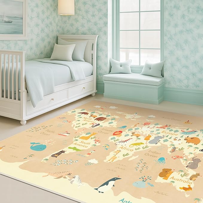 Washable Kids Playroom Rug with Animal – 5x8 Educational World Map Play Mat with Kids Room – Non-Slip, Stain Resistant, Soft & Safe for Baby, Nursery, Classroom or Bedroom - Beige
