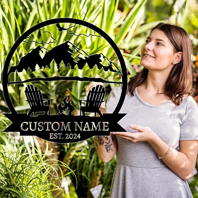 Personalized Camping Signs | Custom Metal Family Name Sign | Mountain Campfire Sign | Metal Mountain Wall Art | Custom Signs Outdoor Metal | Black Metal Wall Art | Cabin Decor