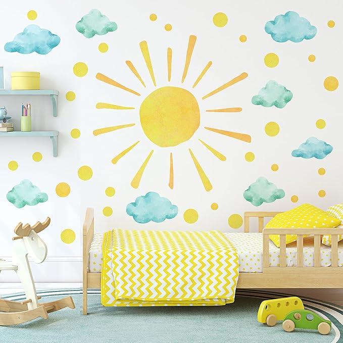 clothmile Sun and Clouds Wall Decals Polka Dots Decal Watercolor Boho Sun Wall Decals Peel and Stick, PVC Sunrise Wall Stickers Sunshine Wall Art Decor for Kids Room Playroom Nursery Bedroom