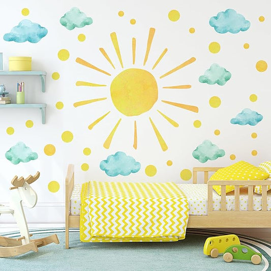 clothmile Sun and Clouds Wall Decals Polka Dots Decal Watercolor Boho Sun Wall Decals Peel and Stick, PVC Sunrise Wall Stickers Sunshine Wall Art Decor for Kids Room Playroom Nursery Bedroom