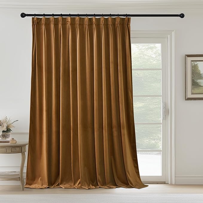 StangH Extra Wide Pinch Pleat Gold Brown Curtains, Super Soft Velvet Drapes with Hooks Vertical Luxurious Light Blocking Window Treatments for Home Office, W72 x L96, 1 Panel
