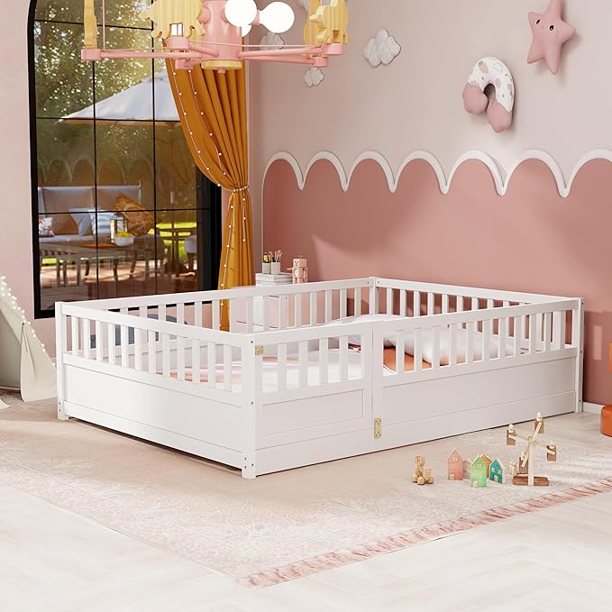 KEIKI Full Kids Floor Bed, Montessori Kids Floor Bedframe with Fence & Door, Children's Wood Bed for Living Room, White