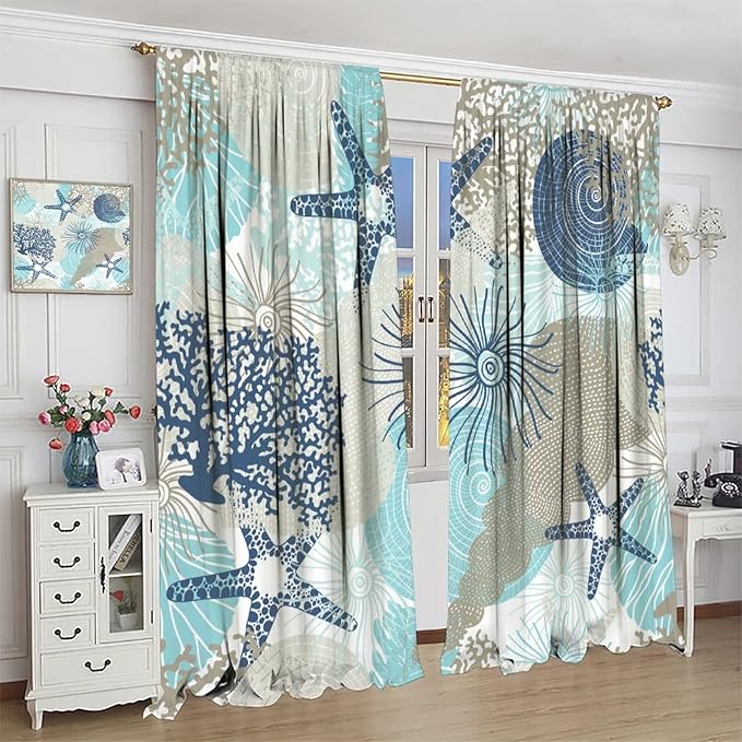 Coastal Curtains Ocean Beach Themed Room Darkening Window Curtain Nautical Coral Decor Curtain for Bedroom Living Room Bathroom Nursery Set 2 Panels,42x45 Inches