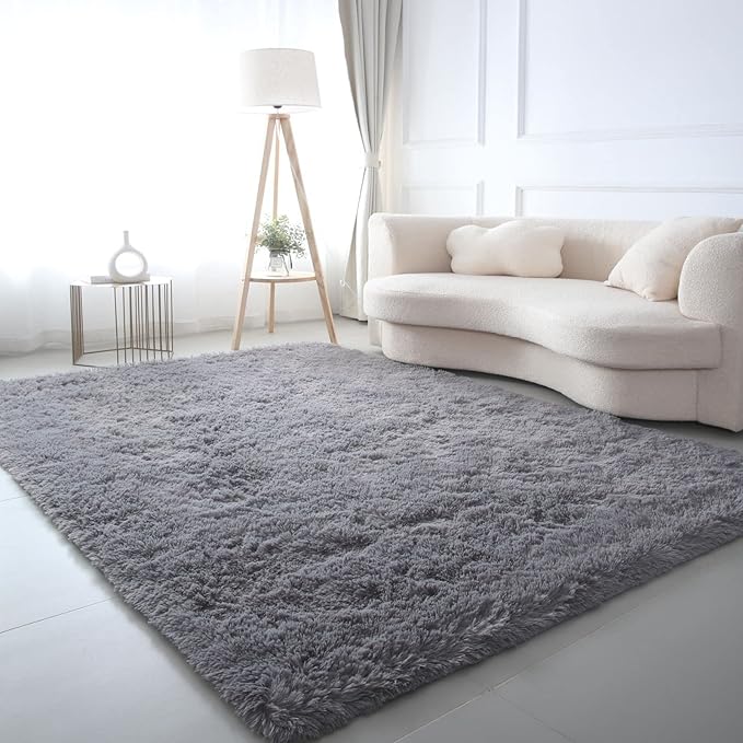 CAIYUECS Grey Area Rug for Living Room: Indoor Ultra Soft Shag Plush Rugs for Bedroom - Non-Skid Modern Nursery Faux Fur Rugs for Kids Room Home Decor (6x9 Feet, Grey)