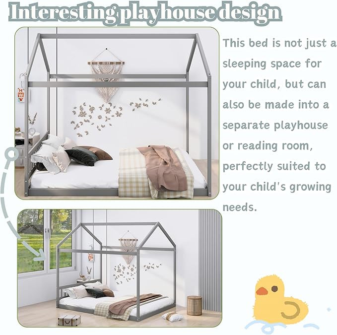 Bellemave Queen House Bed with Roof Wood Montessori Floor Beds for Kids Wood House Floor Bed Frame for Girls Boys Teens Adults, No Spring Box Needed, Gray