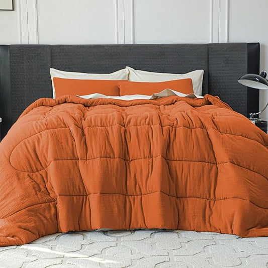 Simple&Opulence 100% Cotton Muslin Comforter Set Queen Size, 3PCS Washed Cotton Gauze Comforter, Soft Lightweight All Seasons Bedding Sets with 2 Pillow Shams(Burnt Orange,Queen)