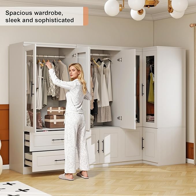 White Armoire Wardrobe Closet with 4 Drawer: Glass Door Wood Wardrobe Closet Wooden Combination Corner Cabinet Bedroom Armoire with Hanging Rods for Home/Bedroom/Living Room