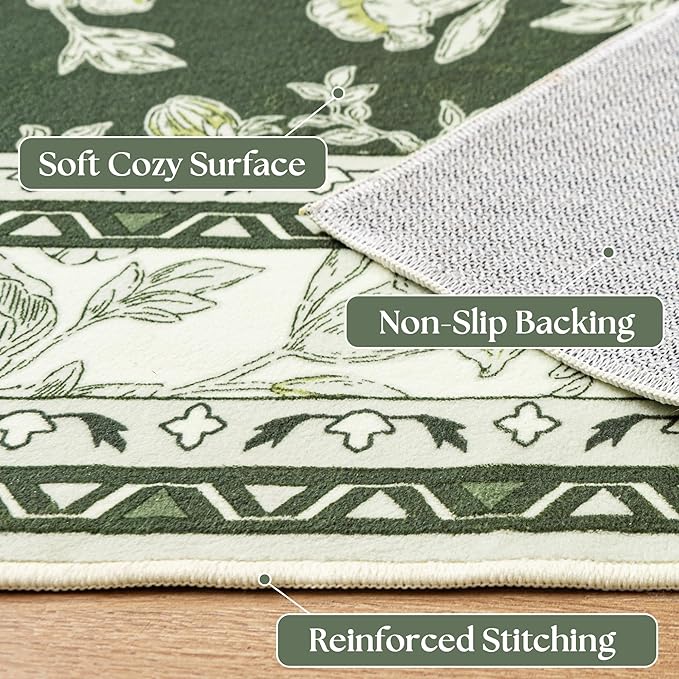 Olive Green Floral Print Area Rugs for Bedroom Living Room Boho Farmhouse Country Rustic Dining Room Carpet Soft Washable Rugs Non Slip Floor Covering for Nursery Playroom 6x9