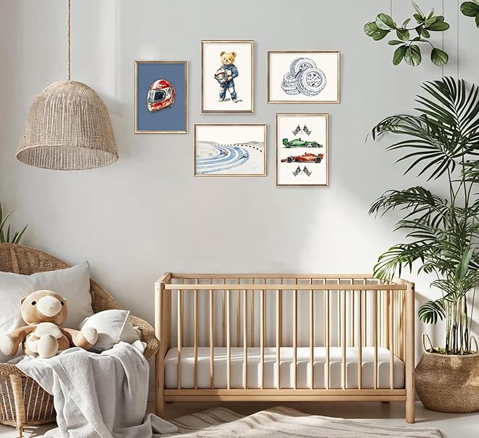 BMFLFWXE Vintage Racing Car Nursery Wall Art Teddy Bear Pictures Wall Decor Boy Navy Blue Vehicle Posters Retro Sport Painting Canvas Print Artwork for Kids Boy Room Playroom, Unframed