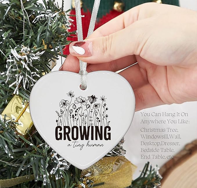 Heart Shaped Christmas Ornament-Baby Announcement Gift-Pregnancy Reveal Keepsake for Expecting Mom-New Mom Present for Baby Coming Soon-Ceramic Ornament Home Decor Growing a Tiny Human