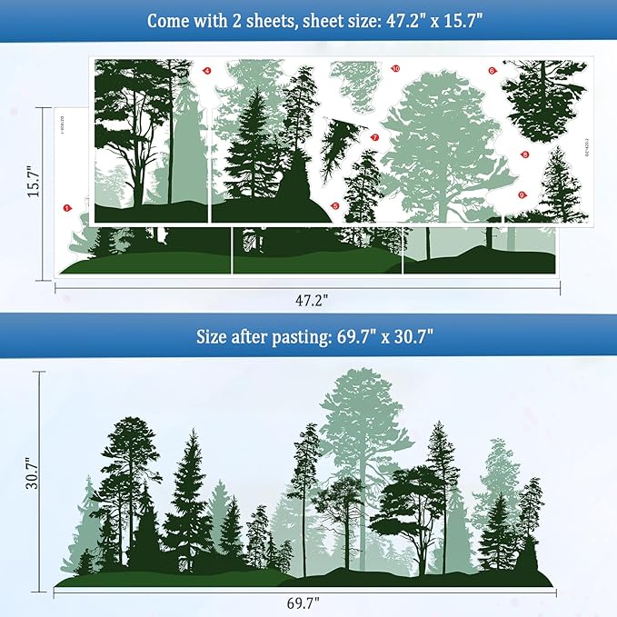 Large Forest Wall Decals, Green Pines in Fir Trees Peel and Stick Vinyl Wall Stickers & Murals, Removable Home Room Wall Decor for Bedroom Living Room Bedroom Classroom Office Nursery