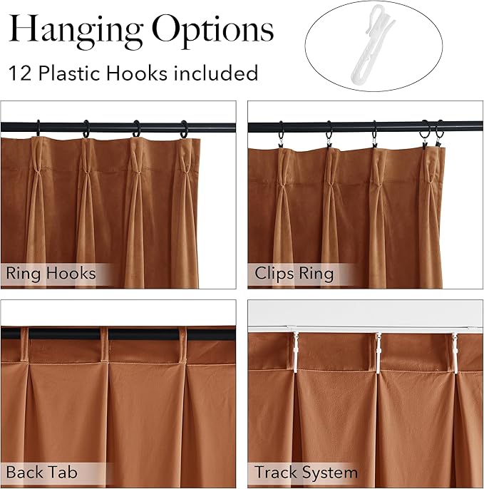 StangH Velvet Pinch Pleat Curtains for Living Room, Block Light Privacy Bedroom Curtains & Drapes 84 inch Length Luxury Energy Saving Fall Home Decor for Hotel, Burnt Orange, W38 x L84, 2 Panels