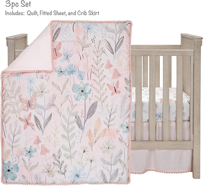 Lambs & Ivy Baby Blooms 3-Piece Pink Floral/Butterfly Baby Crib Bedding Set