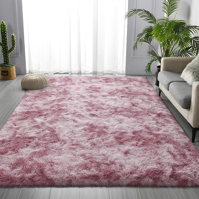 Large Shag Area Rugs 6 x 9, Tie-Dyed Plush Fuzzy Rugs for Living Room, Ultra Soft Fluffy Furry Rug for Bedroom, Indoor Carpet Nursery Rugs for Kids Room Home Decor, Pink Purple