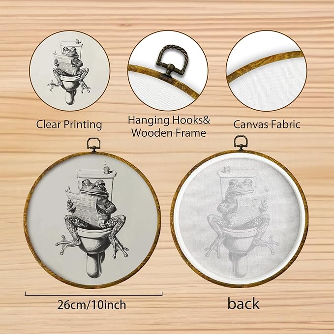 Hiuwevt Funny Frog Bathroom Round Wall Art Decor, Animal Bathroom Framed Canvas Prints, Frog Reading Newspaper Round Wall Hanging Decor for Bath Room Toilet Washroom Decorations, 10x10 Inches