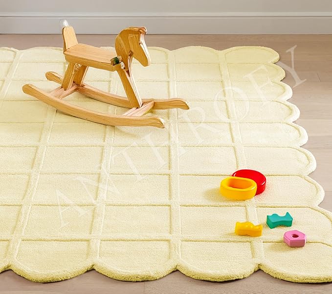 Selena Scallop Area Rug - 8’ x 10' – Handmade Wool Area Rugs – Yellow – Rugs for Living Room, Bedroom – Anti-Skid – Carpets with Non-Slip Natural Backing with 100% Cotton