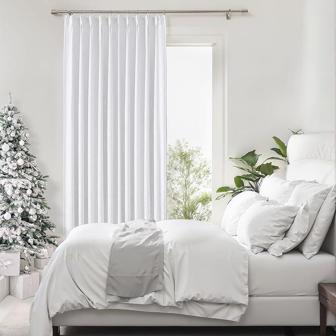 Central Park Pinch Pleat Full Blackout Curtain Panel Linen Texture Thermal Insulated Drapery with Full Blackout Liner for Farmhouse Bedroom Window Treatment Sets with Hooks, White, 60"x108"x1