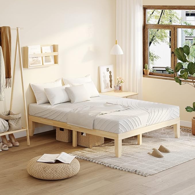 KOMFOTT 14 Inches Wood Platform Bed Frame King Size, Wooden Mattress Foundation with Rubber Wood Frame, Strong Wooden Slats Support, No Box Spring Needed, Bed Frame (Natural)