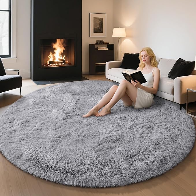 EVOIONOS Grey Round Rug for Living Room, 6x6 Ft Fluffy Soft Circle Area Rugs for Bedroom, Plush Shaggy Circular Carpet for Indoor Floor Bedside Kids Nursery, Machine-Washable Home Decor Aesthetic
