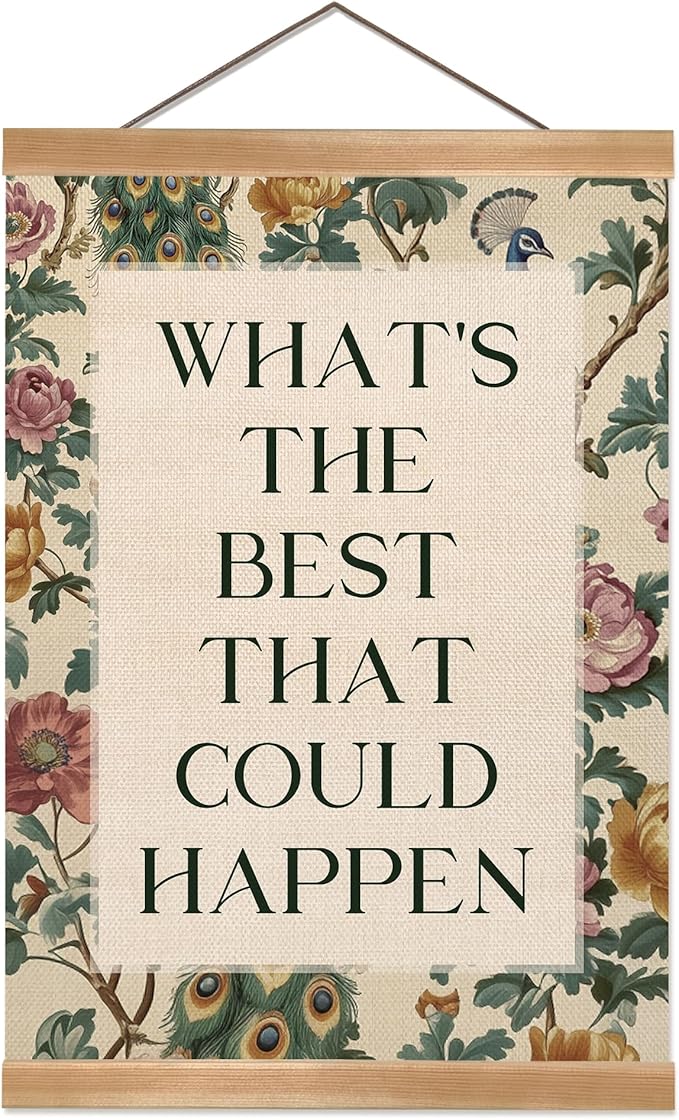 ZTGDA Inspirational Vintage Floral Wall Art –What’s the Best That Could Happen,Quote Linen Canvas Poster, Motivational Hanging Wall Decor for Office, Bedroom, Therapy Room or Study Decor(Happen)