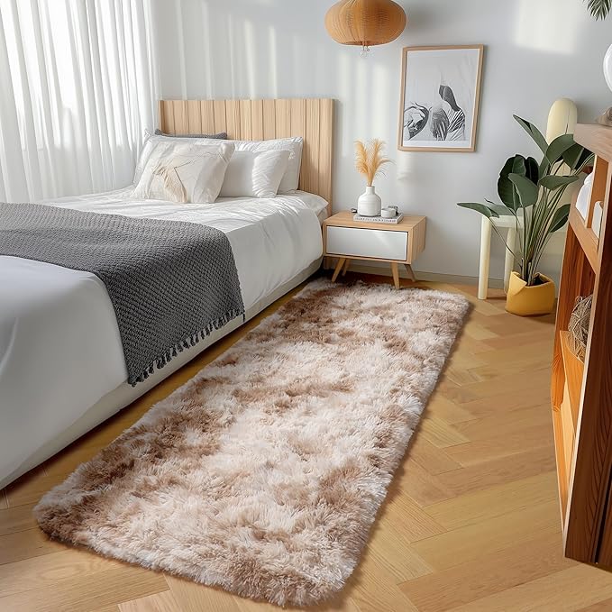 ONASAR Runner Rugs for Bedroom Living Room, Tie-Dyed Beige 2x6 Washable Bedside Hallway Fluffy Area Rug, Ultra Soft Plush Furry Faux Fur Non Slip Floor Carpet for Nursery Kids Dorm Closet Home Decor