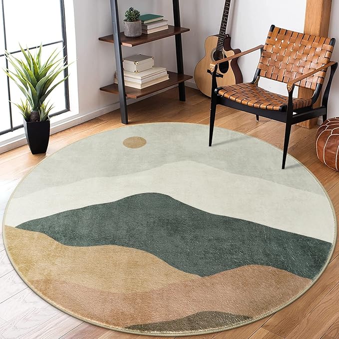 5ft Abstract Round Rug,Chic Washable Non-Slip Sun and Mountain Area Circle Rug,Soft Low-Pile Circle Throw Rugs for Living Room Sofa Kids Room Decor(Grey)